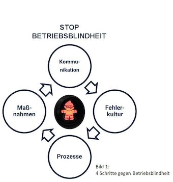Grafik zeigt vier Handlungsfelder zur Reduktion von Betriebsblindheit: Kommunikation, Fehlerkultur, Prozesse und Maßnahmen. Ziel ist die kontinuierliche Verbesserung in Produktion und Organisation.